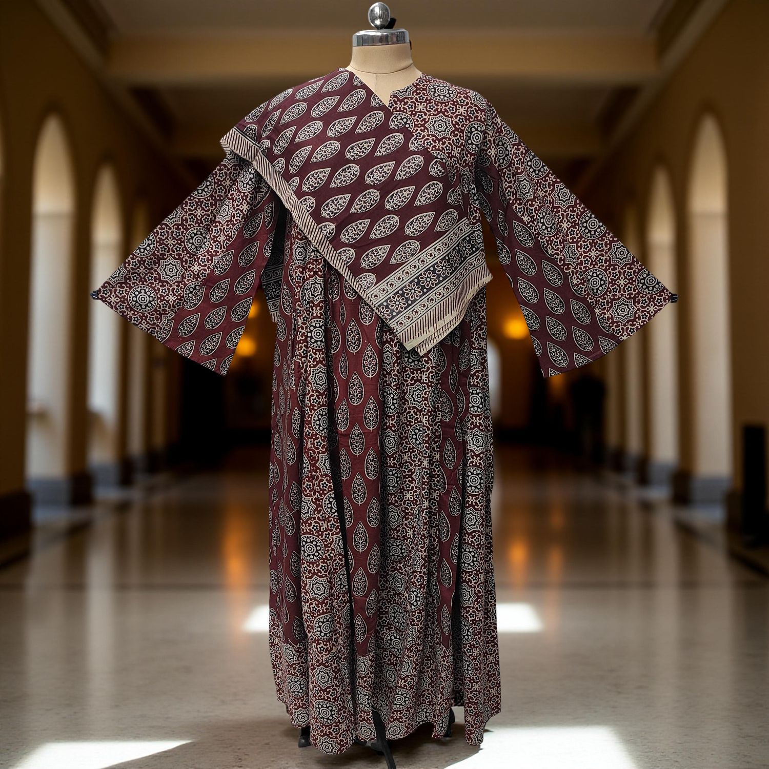 2XL-3XL Zahia Printed Cotton Dress 57" Long Jalabiya With Sheila