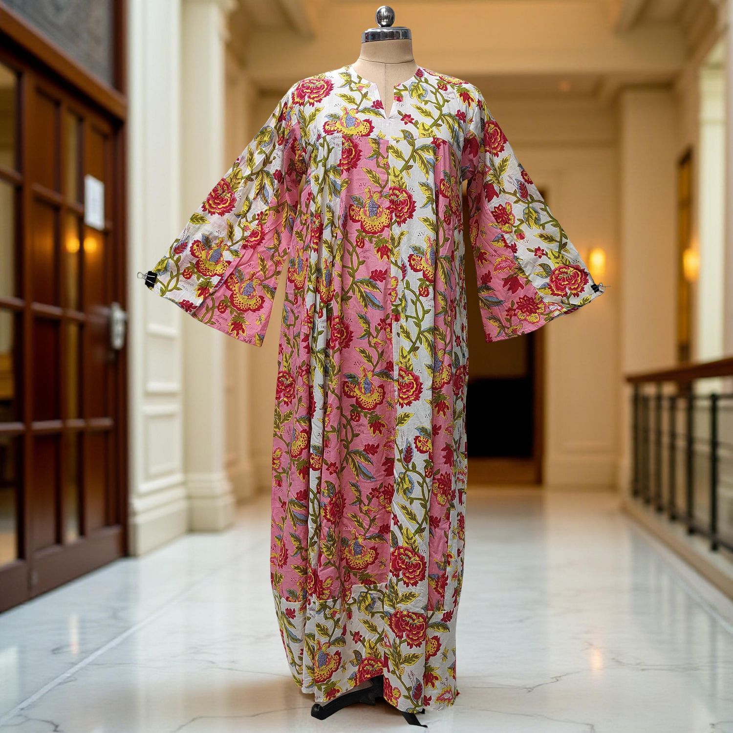 L-XL Zahia Printed Cotton Dress 57" Long Jalabiya