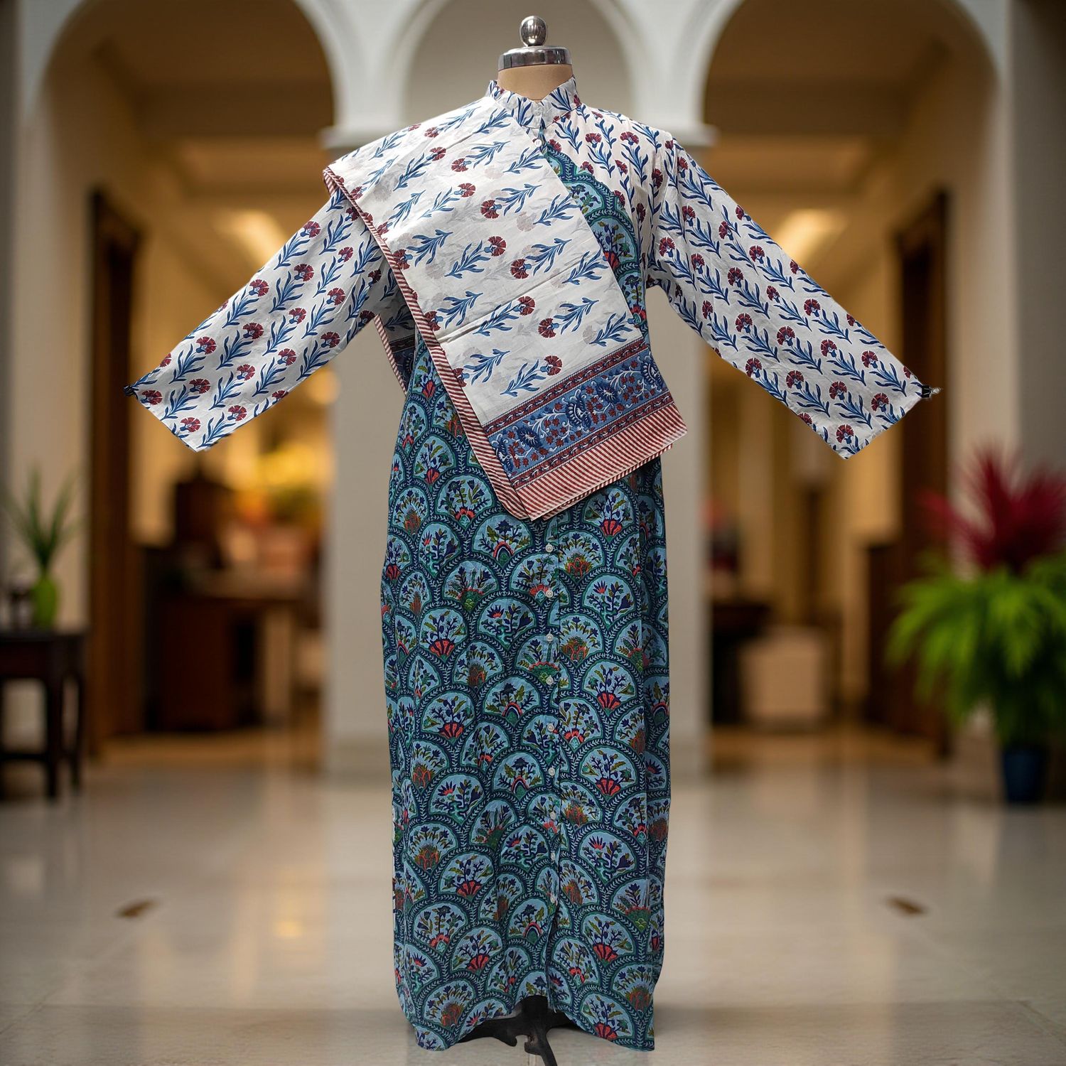 L-XL Honey Printed Cotton Dress 57" Long Jalabiya With Sheila