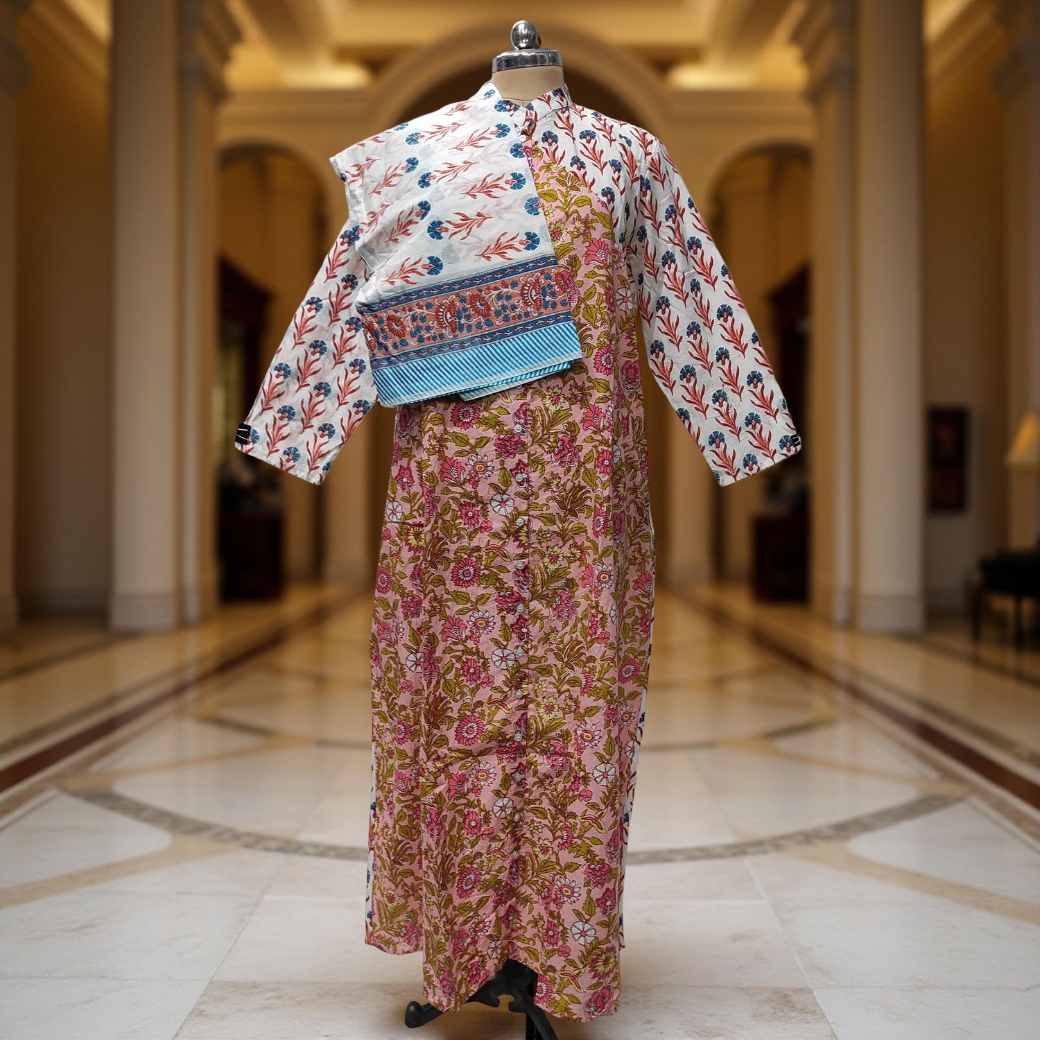 2XL-3XL Honey Printed Cotton Dress 57" Long Jalabiya With Sheila