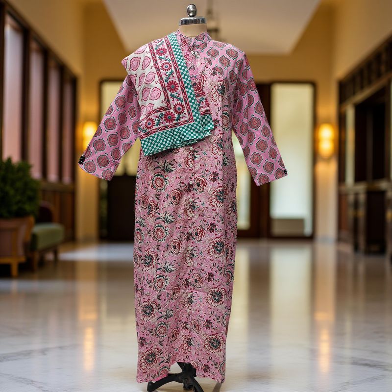 S-M Honey Printed Cotton Dress 57" Long Jalabiya With Sheila