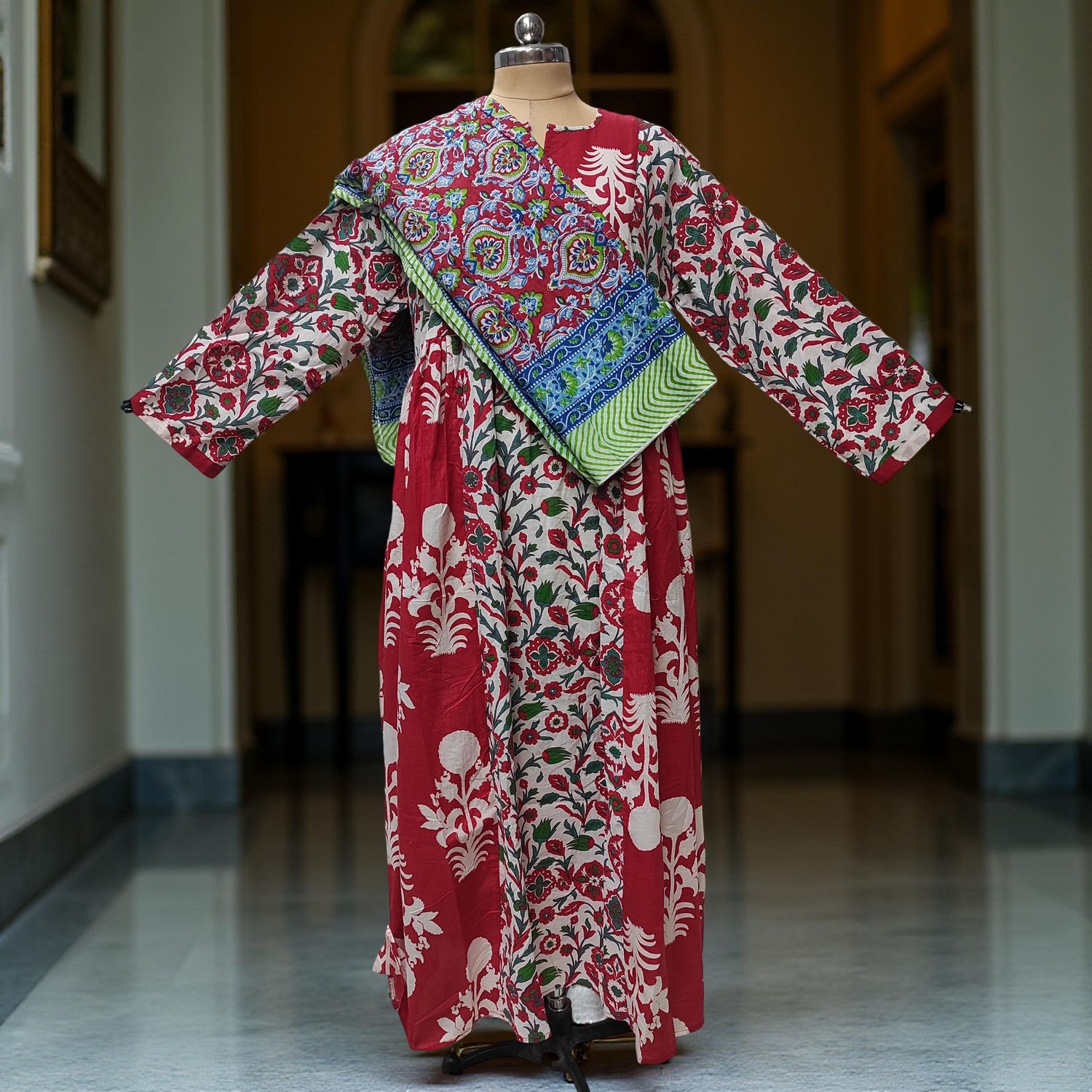 2XL-3XL Heba Printed Cotton Dress 57" Long Jalabiya With Sheila