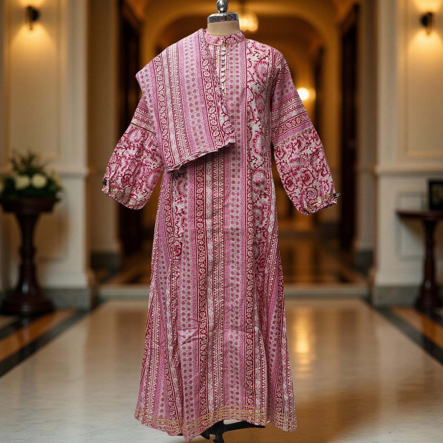 S-M Amra Printed Cotton Dress 57" Long Jalabiya With Sheila