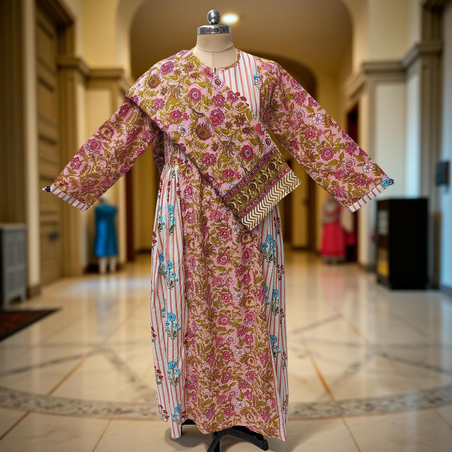 XS-S Heba Printed Cotton Dress 54" Long Jalabiya With Sheila