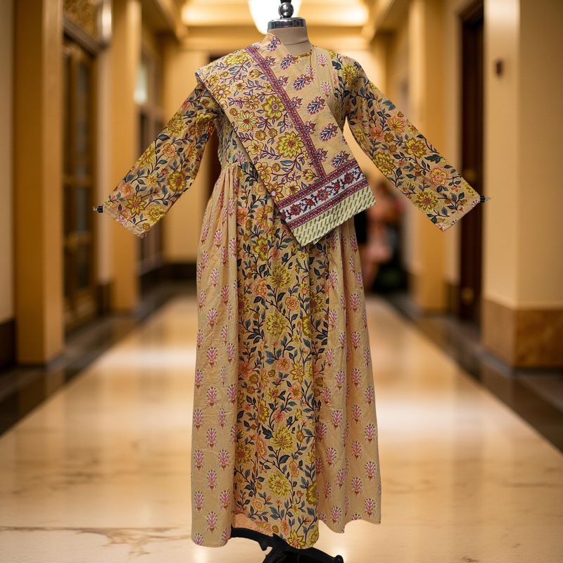 S-M Heba Printed Cotton Dress 57" Long Jalabiya With Sheila