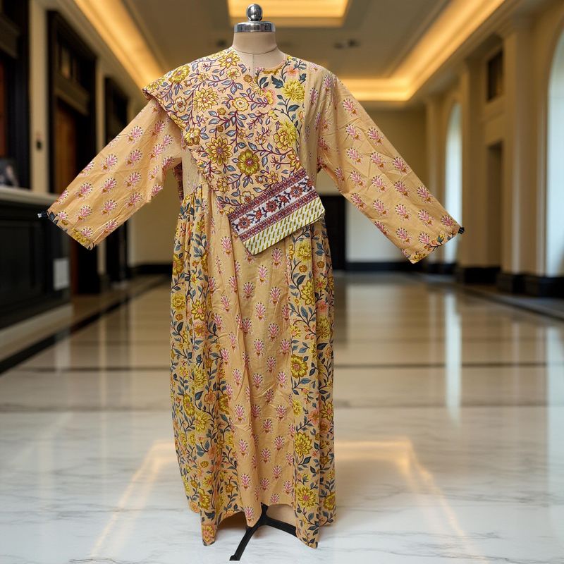 2XL-3XL Heba Printed Cotton Dress 57" Long Jalabiya With Sheila