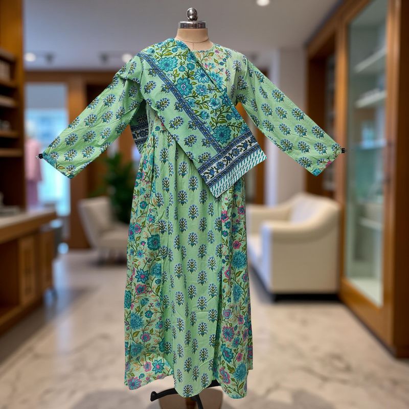 XS-S Heba Printed Cotton Dress 54" Long Jalabiya With Sheila