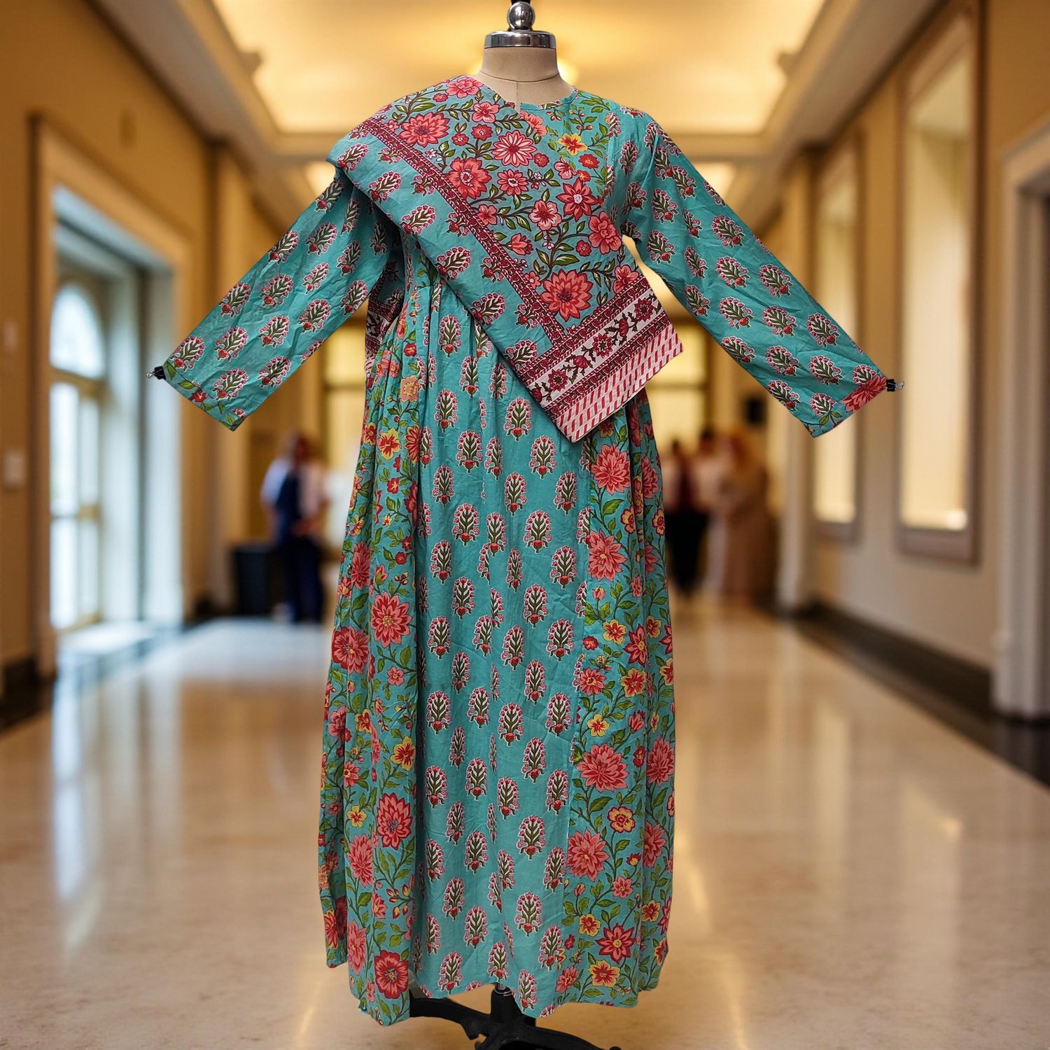 S-M Heba Printed Cotton Dress 57" Long Jalabiya With Sheila