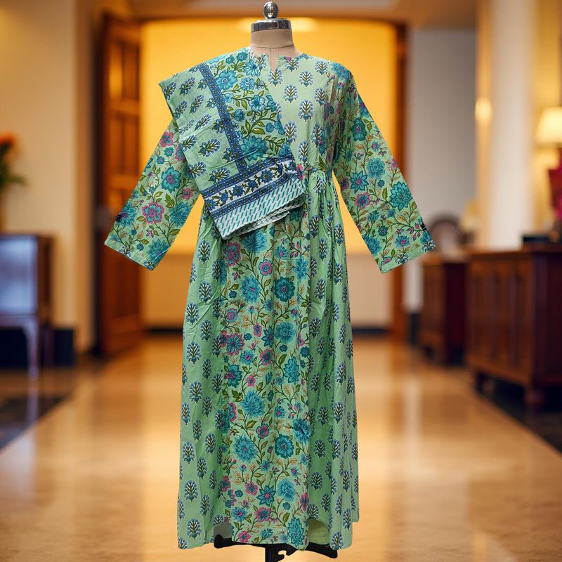 L-XL Heba Printed Cotton Dress 57" Long Jalabiya With Sheila