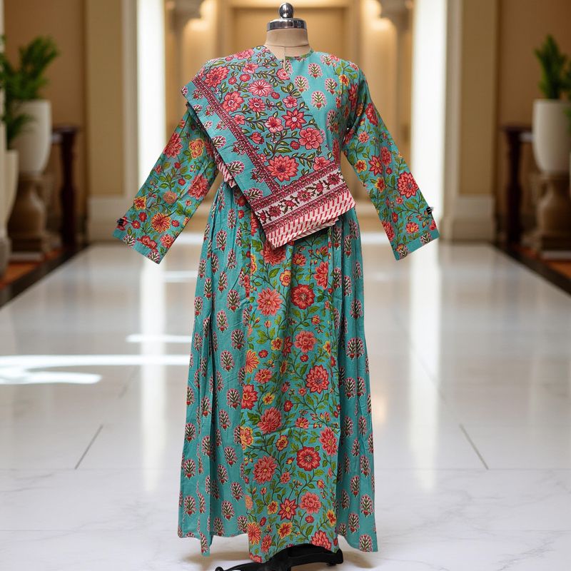 2XL-3XL Heba Printed Cotton Dress 57" Long Jalabiya With Sheila