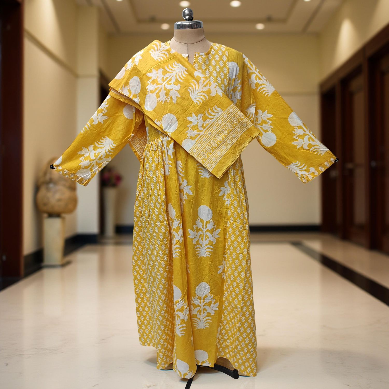 L-XL Heba Printed Cotton Dress 57" Long Jalabiya With Sheila