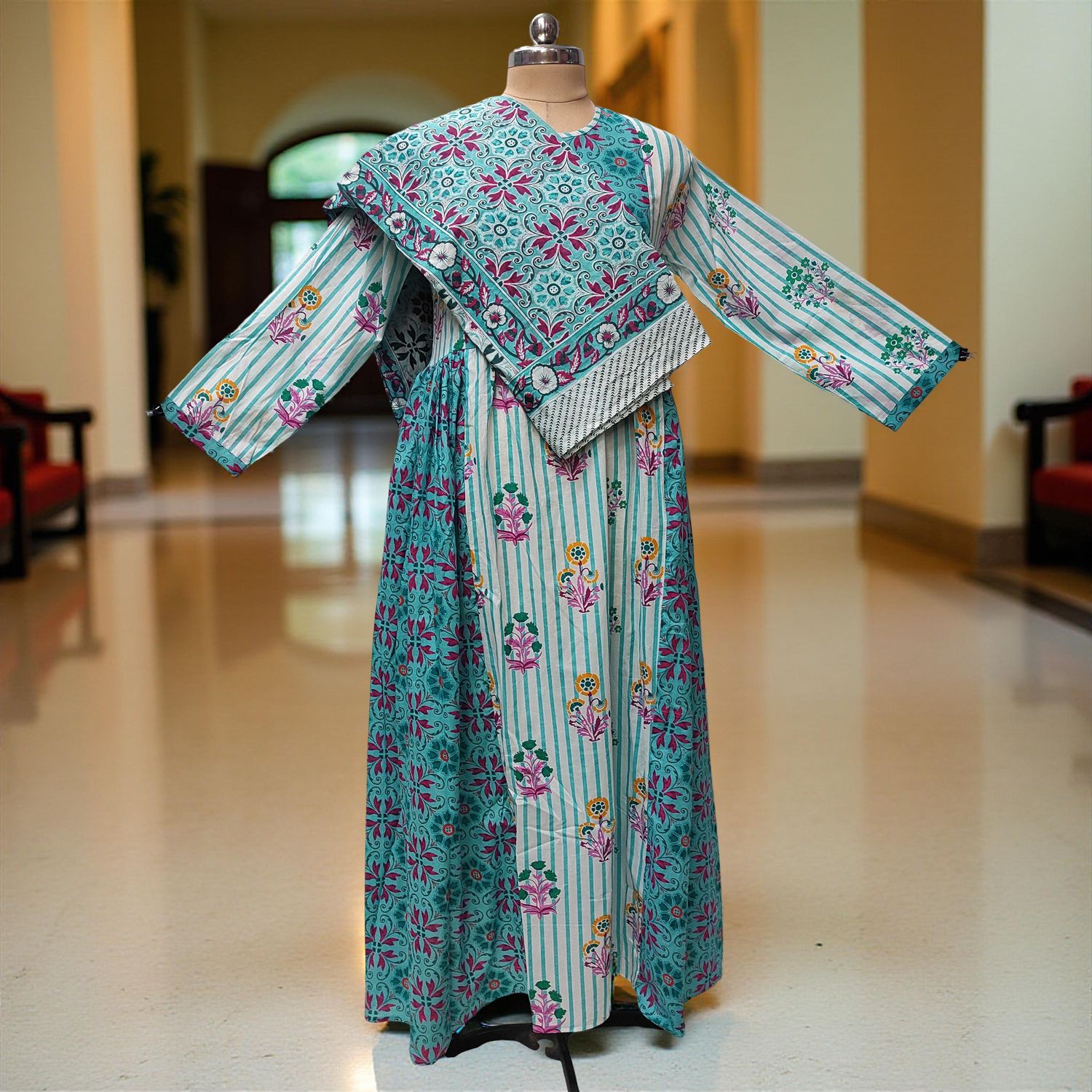 2XL-3XL Heba Printed Cotton Dress 57" Long Jalabiya With Sheila