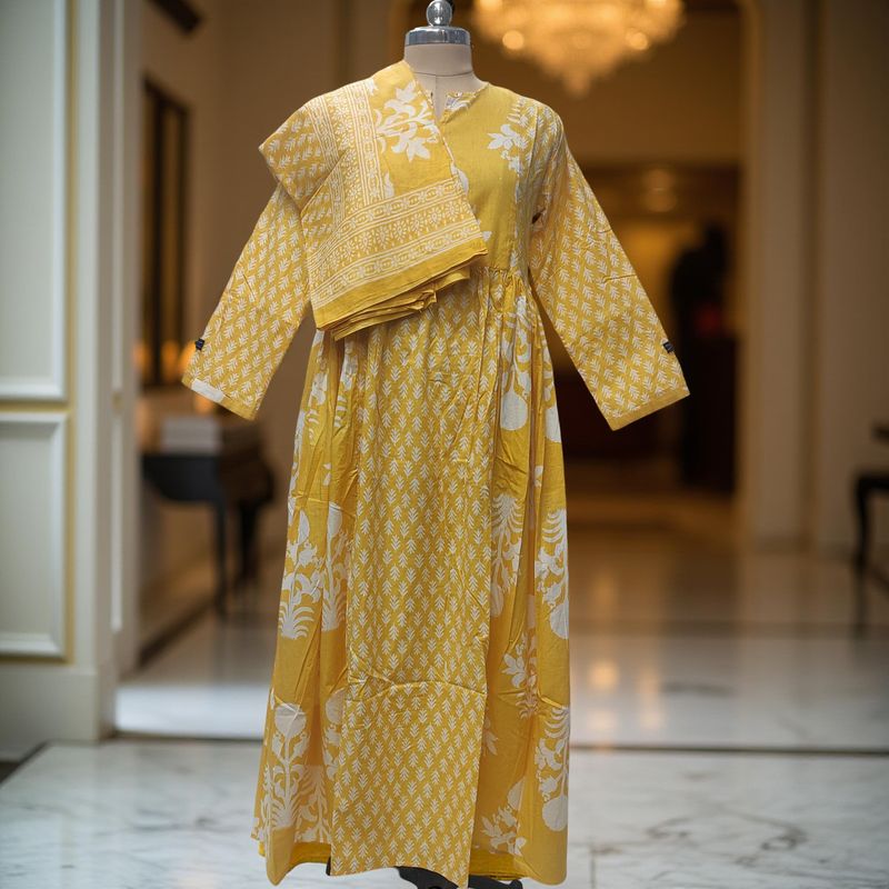 S-M Heba Printed Cotton Dress 57" Long Jalabiya With Sheila