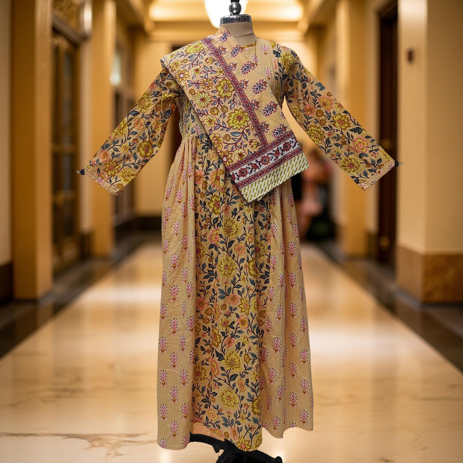 L-XL Heba Printed Cotton Dress 57" Long Jalabiya With Sheila