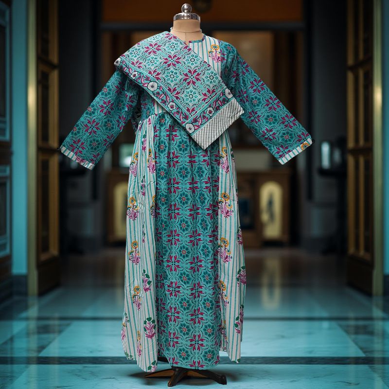 2XL-3XL Heba Printed Cotton Dress 57" Long Jalabiya With Sheila