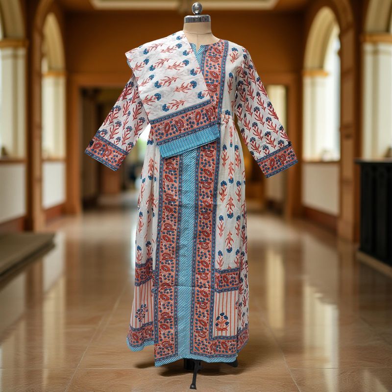 XS-S Bhopali Printed Cotton Dress 57" Long Jalabiya With Sheila
