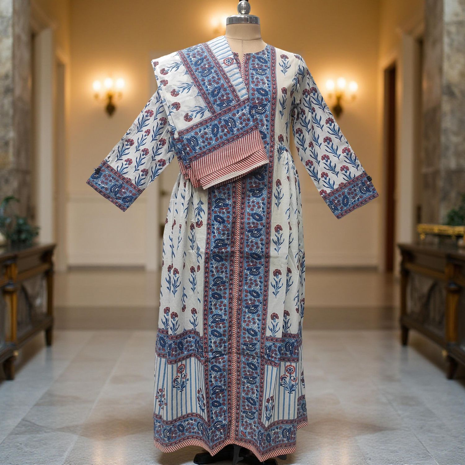 L-XL Bhopali Printed Cotton Dress 57" Long Jalabiya With Sheila