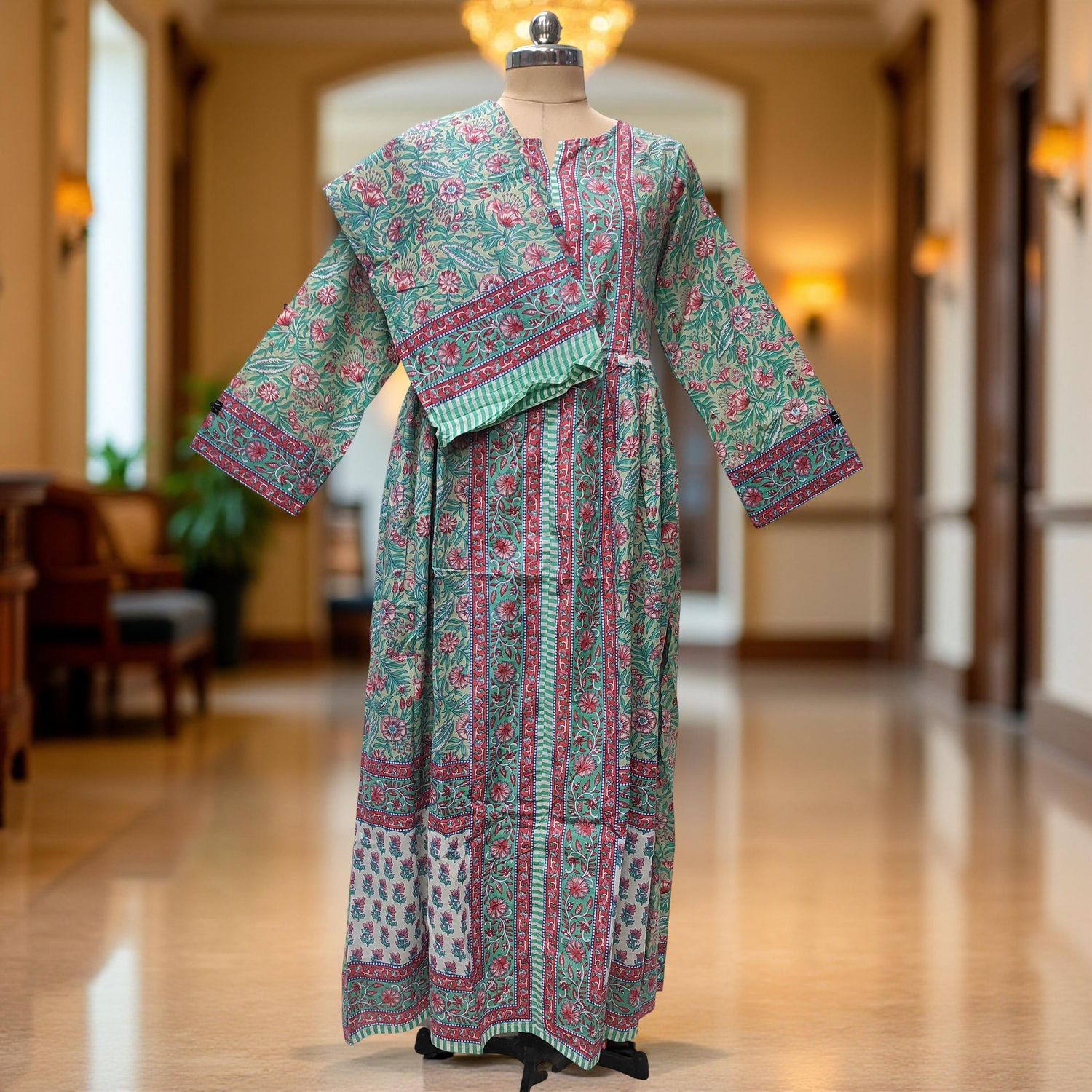 2XL-3XL Bhopali Printed Cotton Dress 57" Long Jalabiya With Sheila