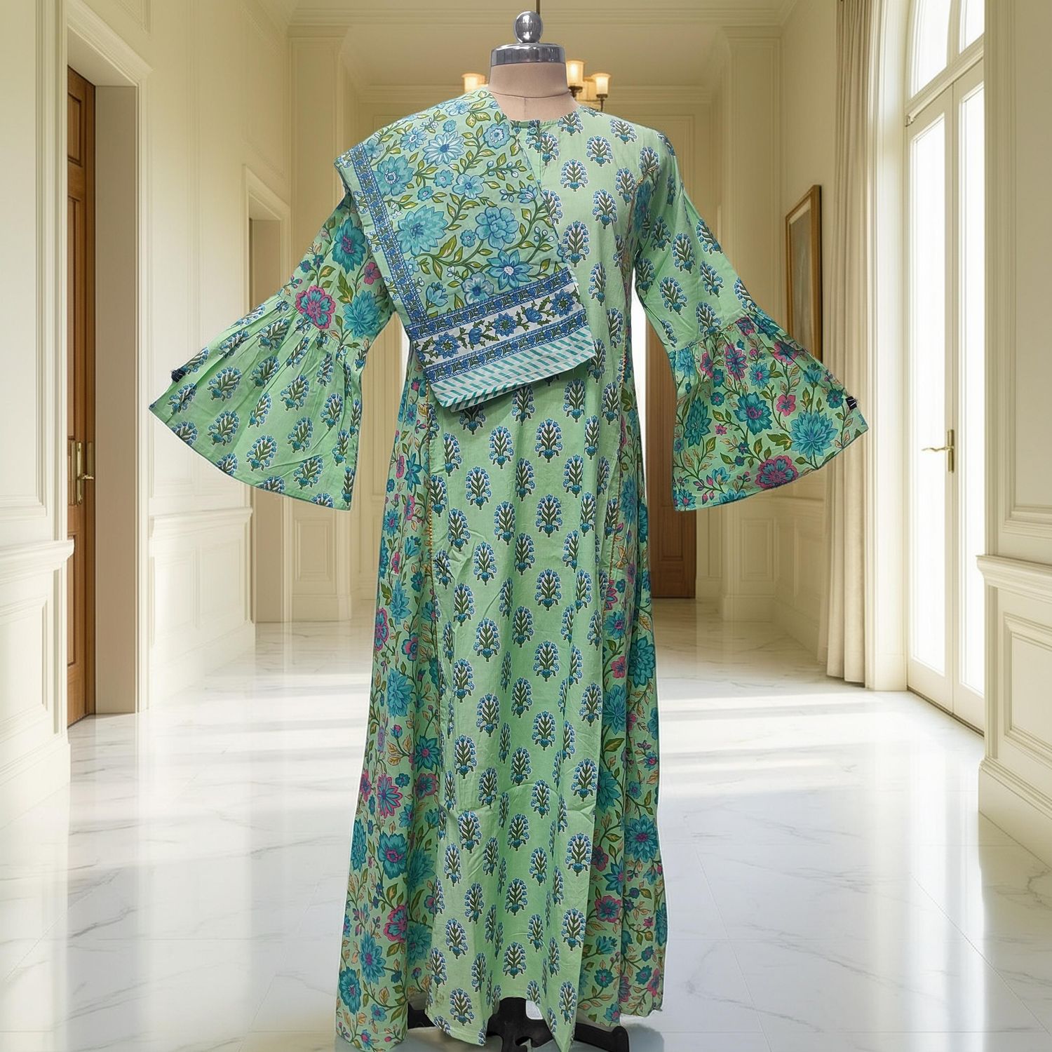 L-XL Cotton Printed Marry Dress 56" Long Jalabiya With Sheila