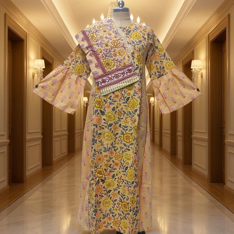 L-XL Cotton Printed Marry Dress 56" Long Jalabiya With Sheila