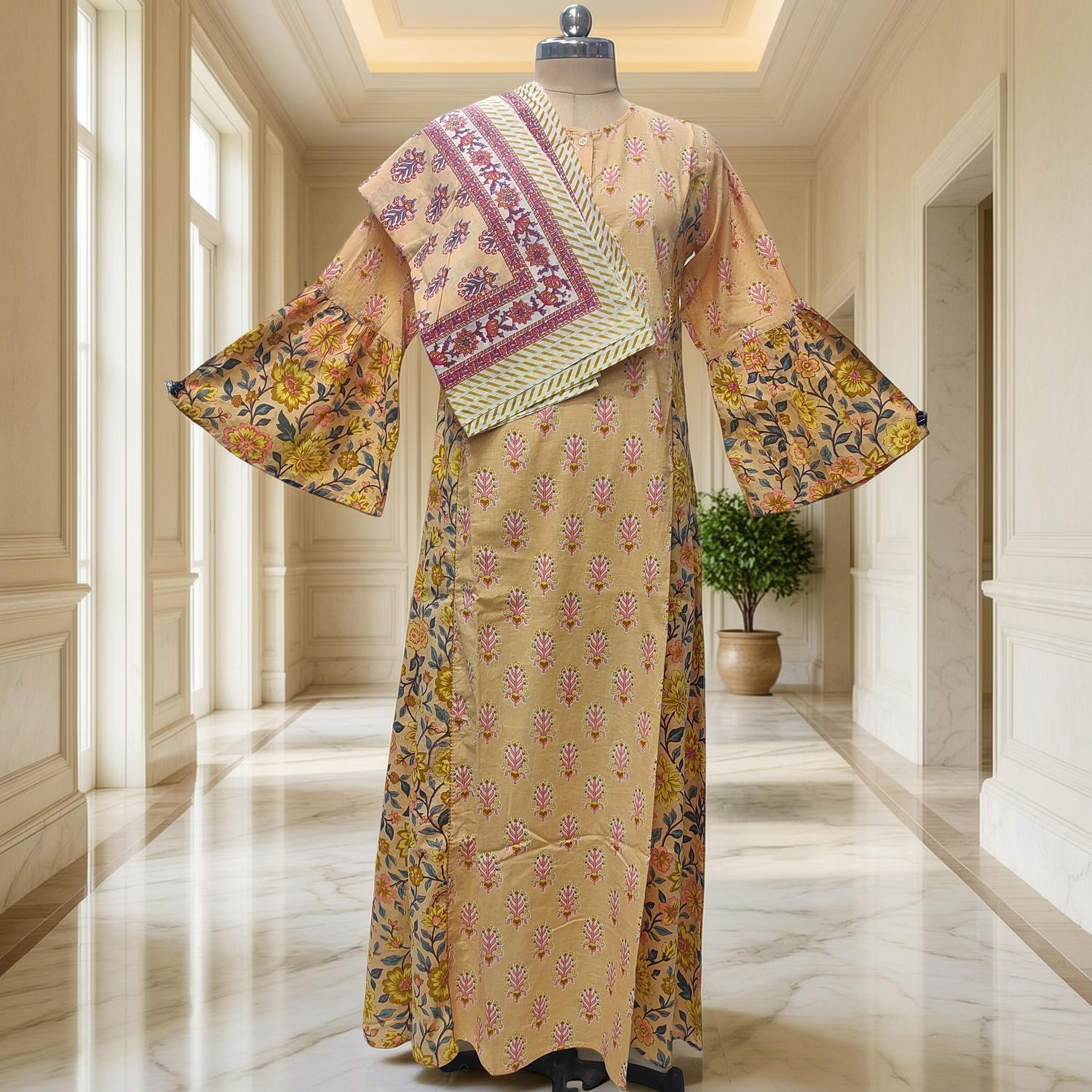 L-XL Cotton Printed Marry Dress 56" Long Jalabiya With Sheila