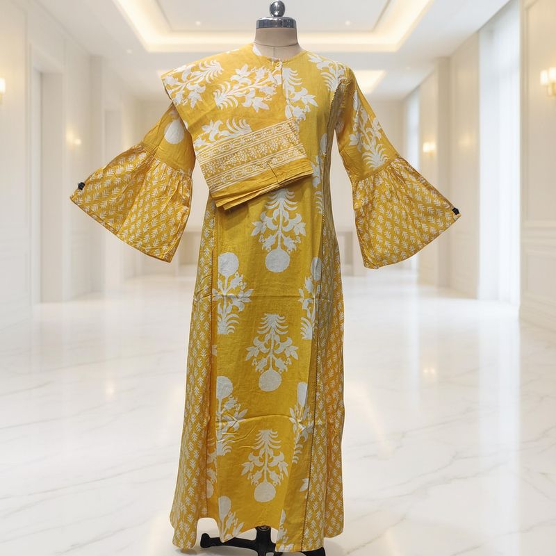 L-XL Cotton Printed Marry Dress 56" Long Jalabiya With Sheila