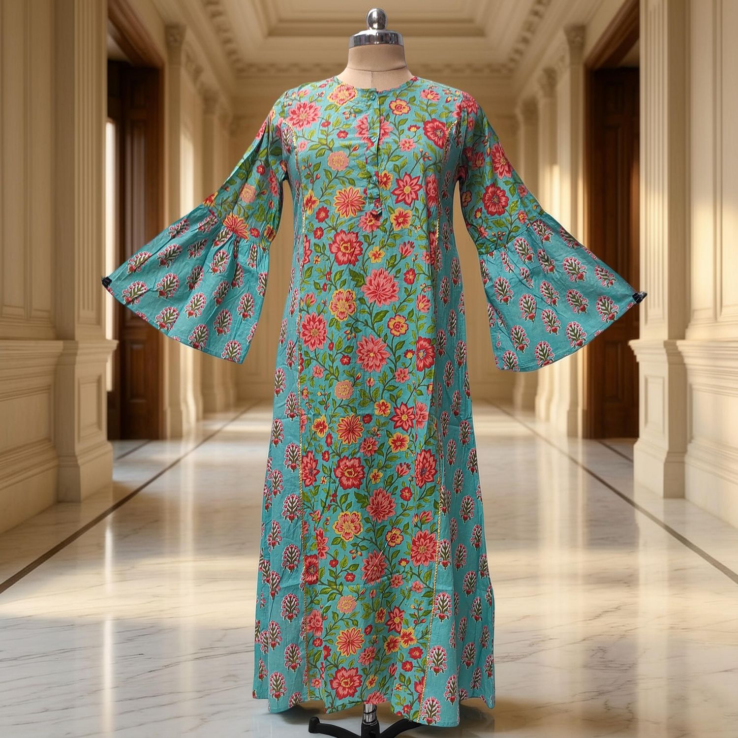 S/M Marry Blue Printed Cotton Dress 57" Long Jalabiya