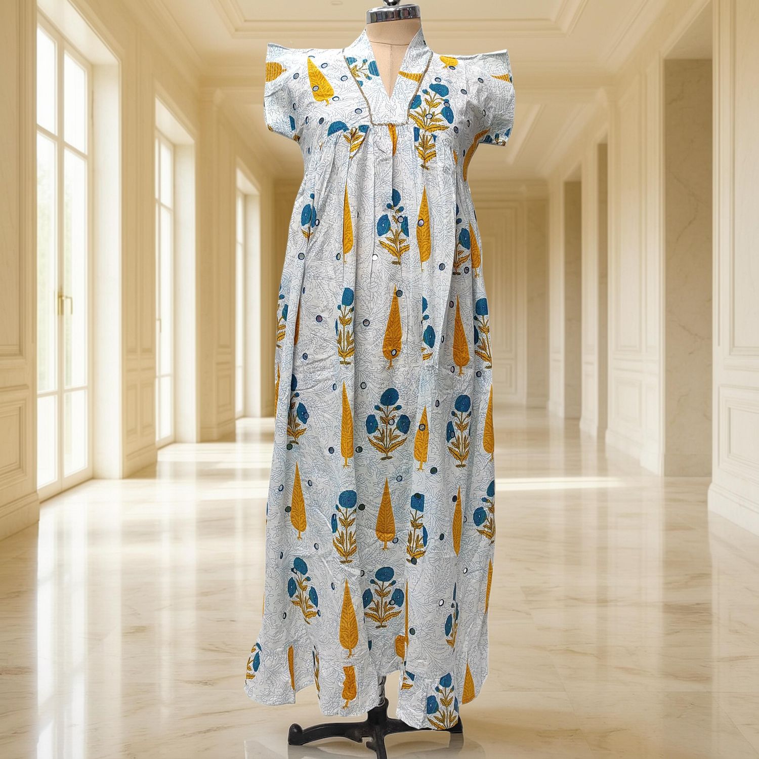 10-11 Year Amani Printed Cotton Girls Dress 45" Short Sleeves Jalabiya