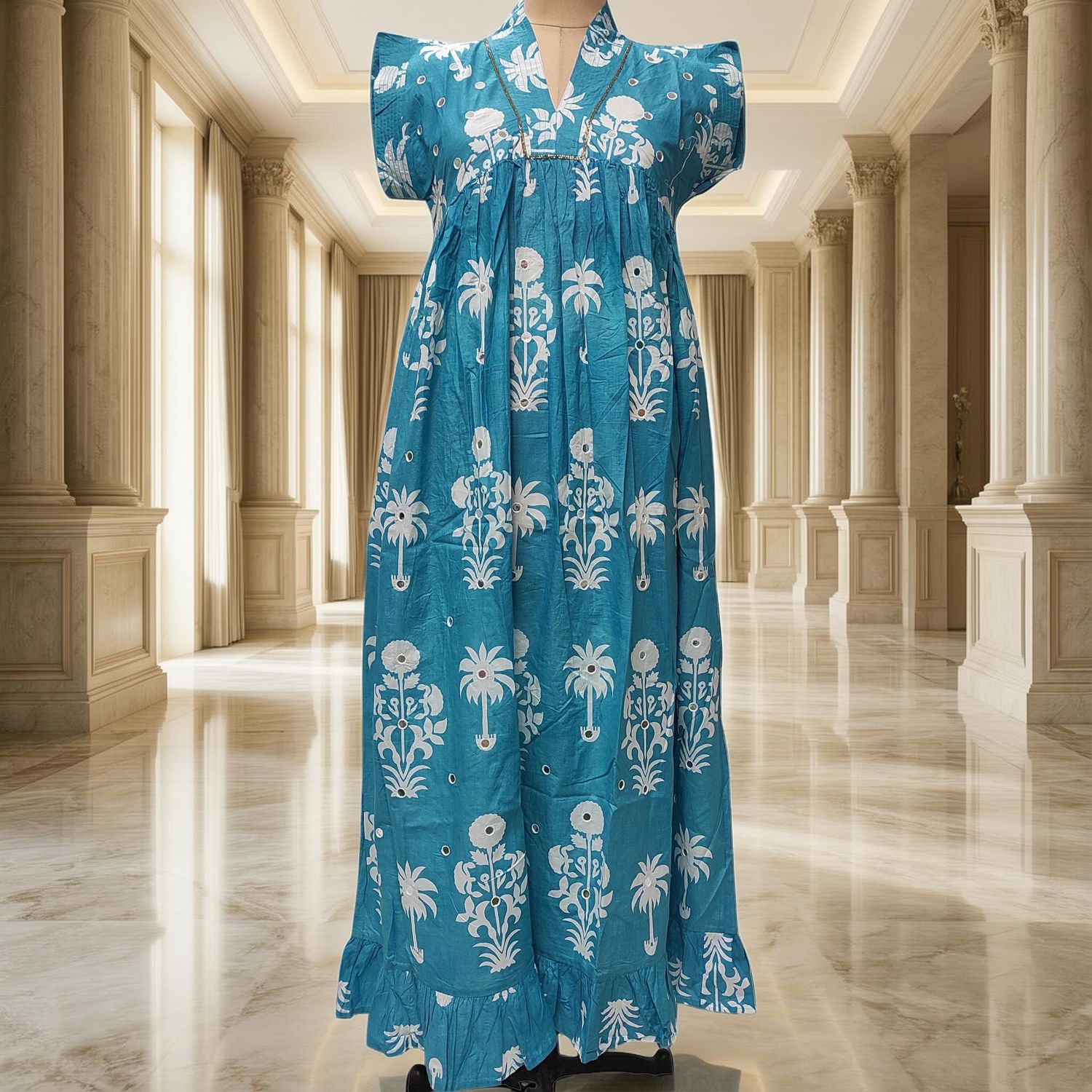 2XL/3XL Amani  Printed Cotton Dress 57" Short Sleeves Jalabiya