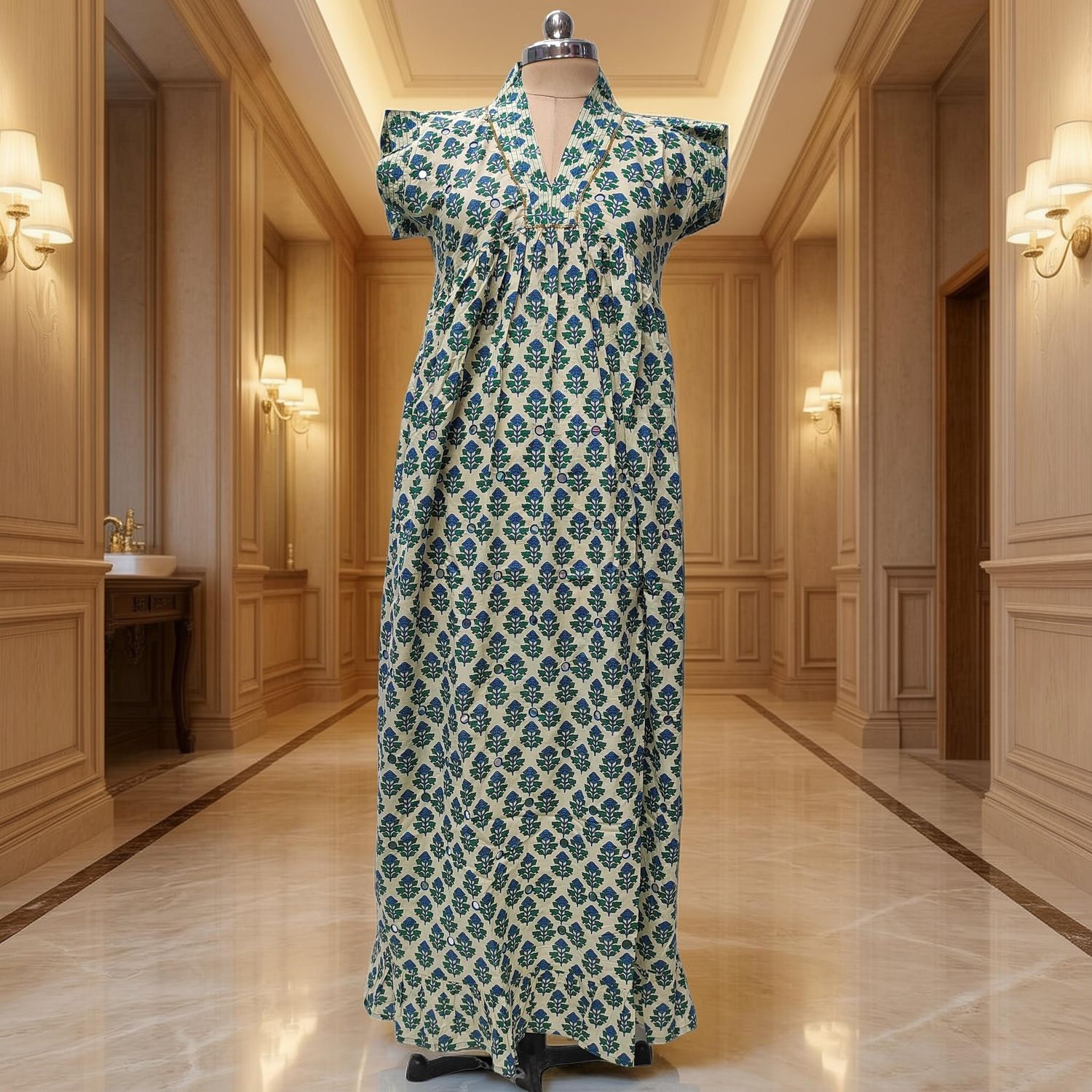 S-M Amani Printed Cotton Dress 57" Short Sleeves Jalabiya