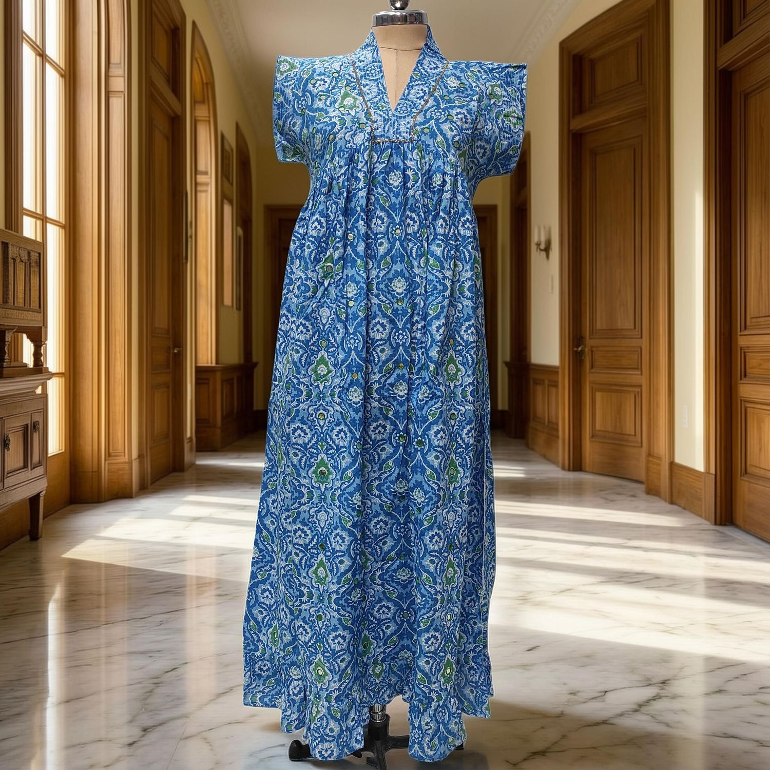 L/XL  Amani Printed Cotton Dress 57" Short Sleeves Jalabiya