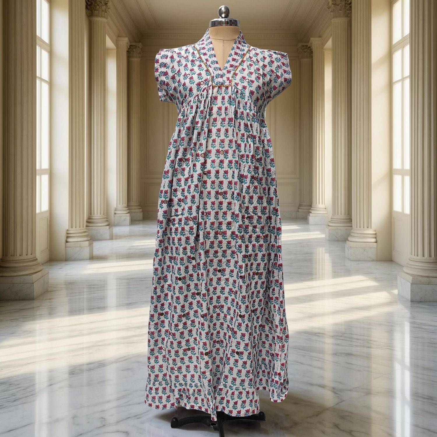 XS/S  Amani Printed Cotton Dress 54" Short Sleeves Jalabiya