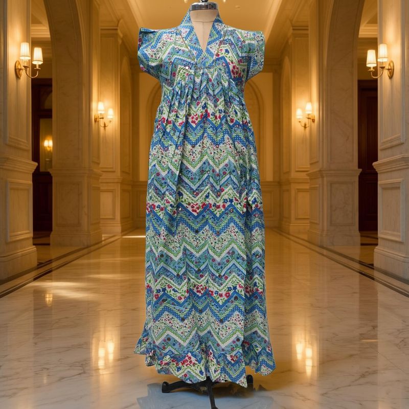 2XL/3XL Amani  Printed Cotton Dress 57" Short Sleeves Jalabiya