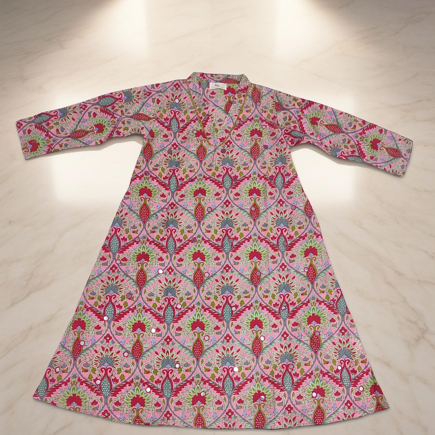 4-5 Year Teena Printed Mirror Work Cotton Girls Dress 33" Long Jalabiya