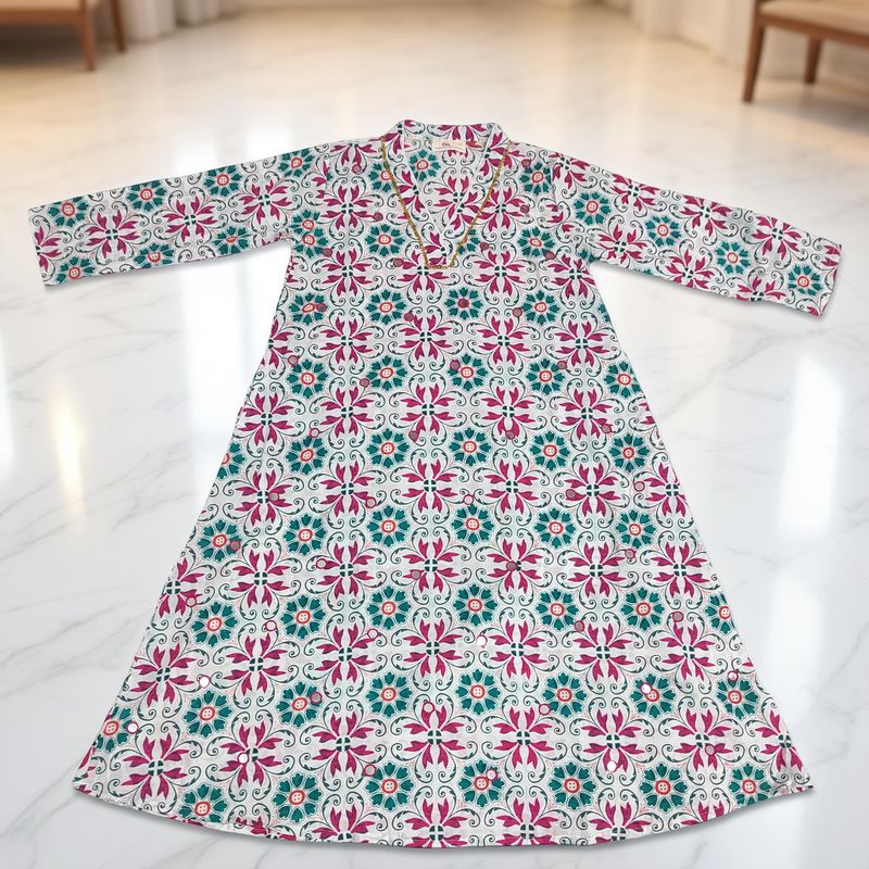 2-3 Year Teena Printed Mirror Work Cotton Girls Dress 30" Long Jalabiya