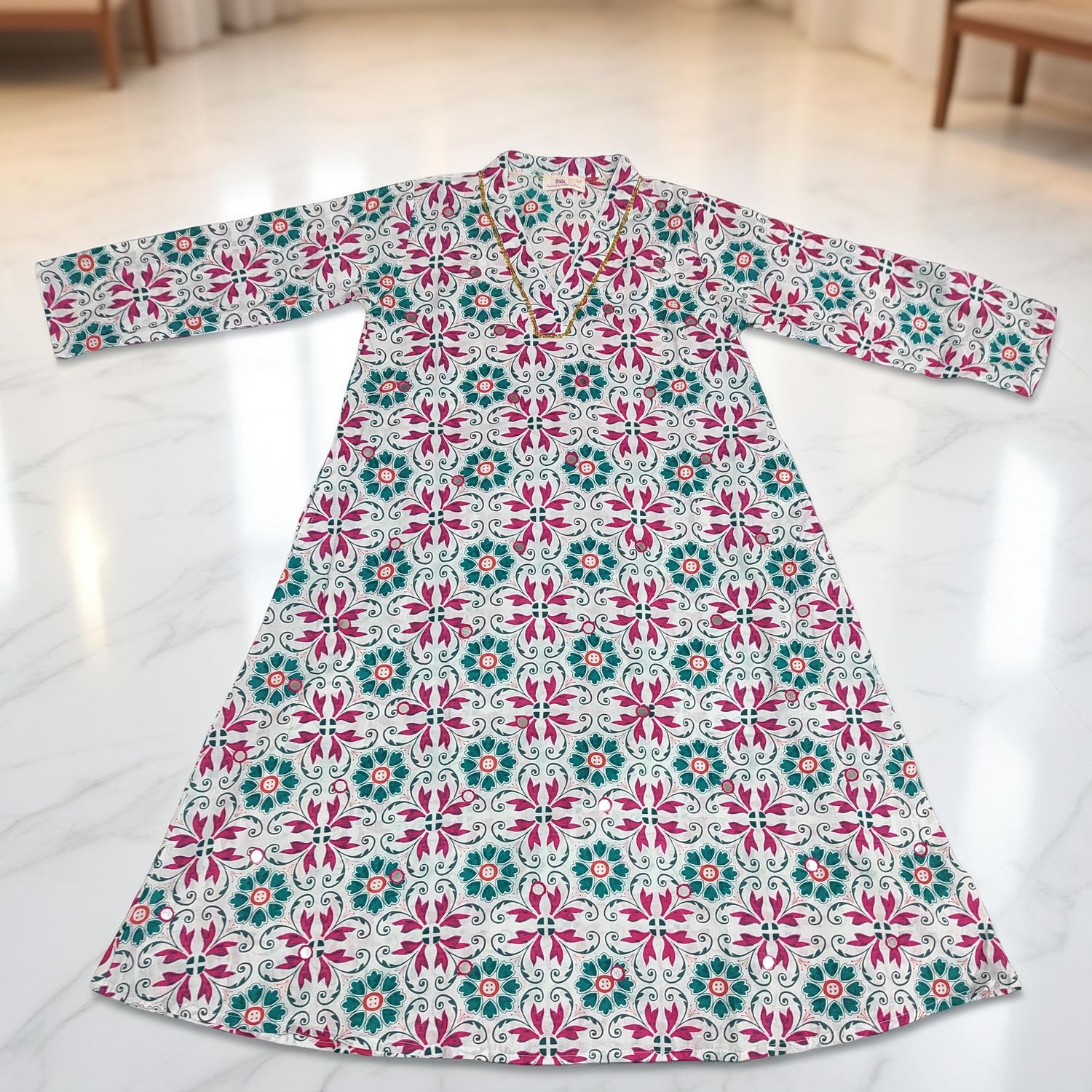 4-5 Year Teena Printed Mirror Work Cotton Girls Dress 33" Long Jalabiya