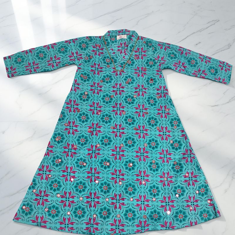 6-7 Year Teena Printed Mirror Work Cotton Girls Dress 37" Long Jalabiya