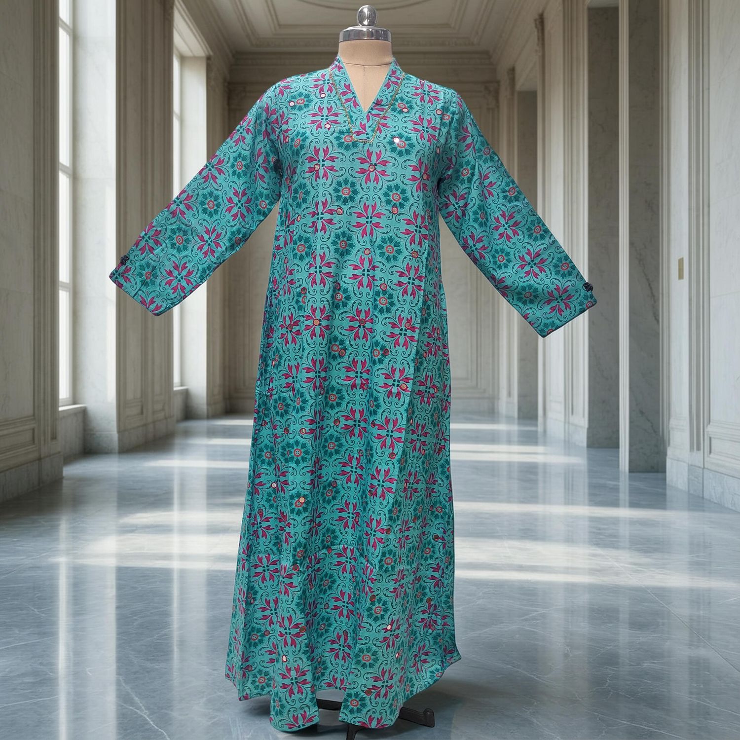 L-XL Teena Printed Mirror Work Cotton Dress 57" Long Jalabiya