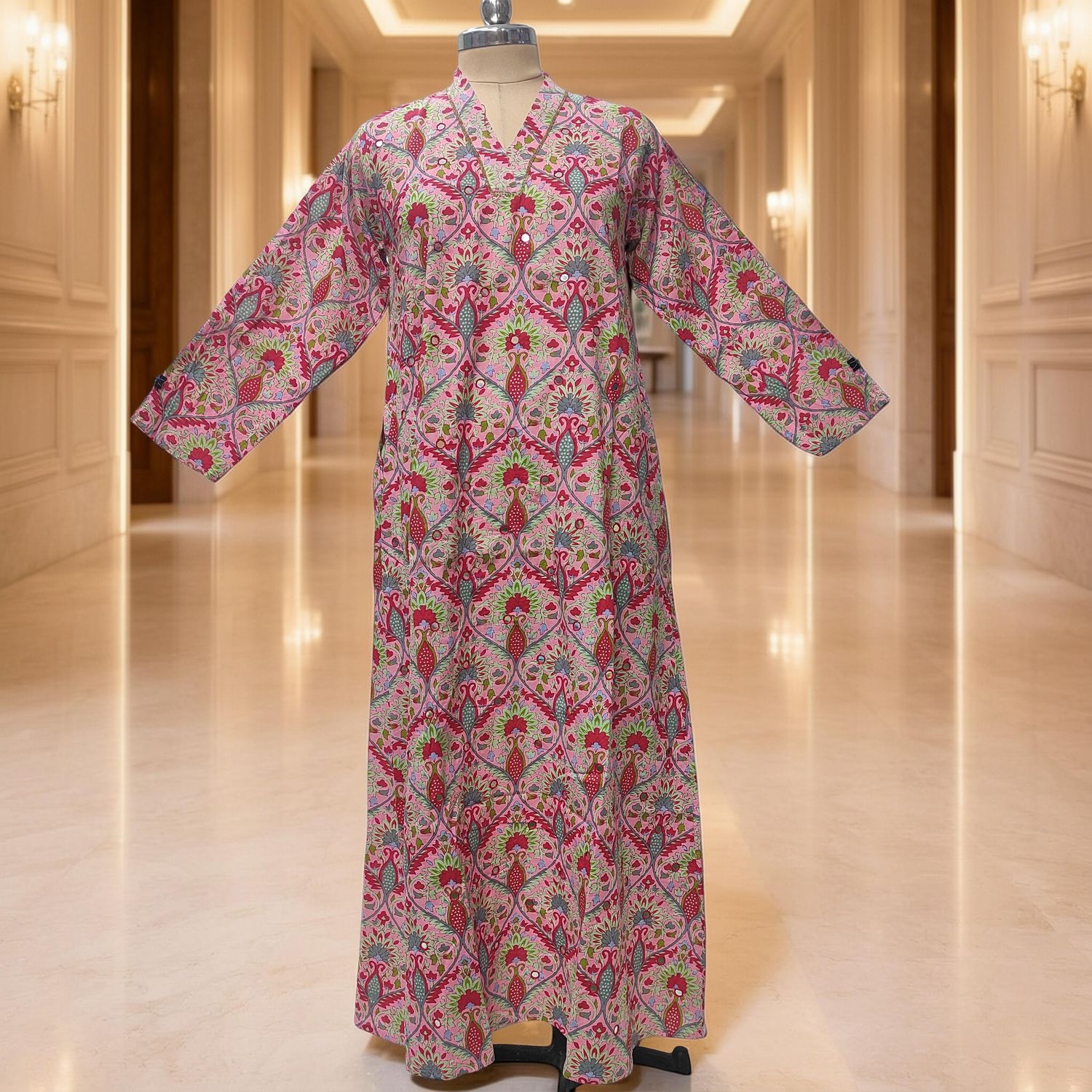 2XL/3XL Teena Printed Mirror Work Cotton Dress 57" Long Jalabiya