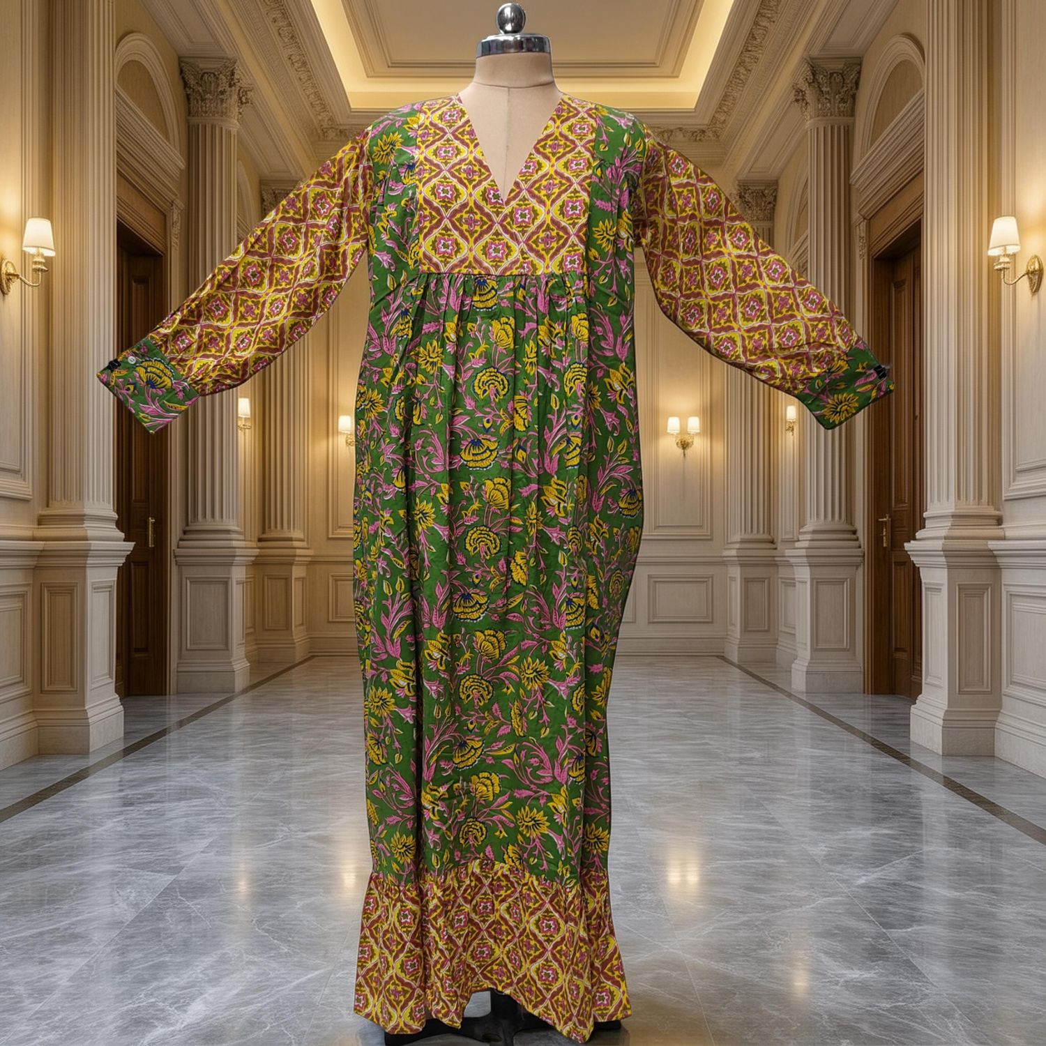 L-XL Yamana Printed Cotton Dress 57" Long Jalabiya