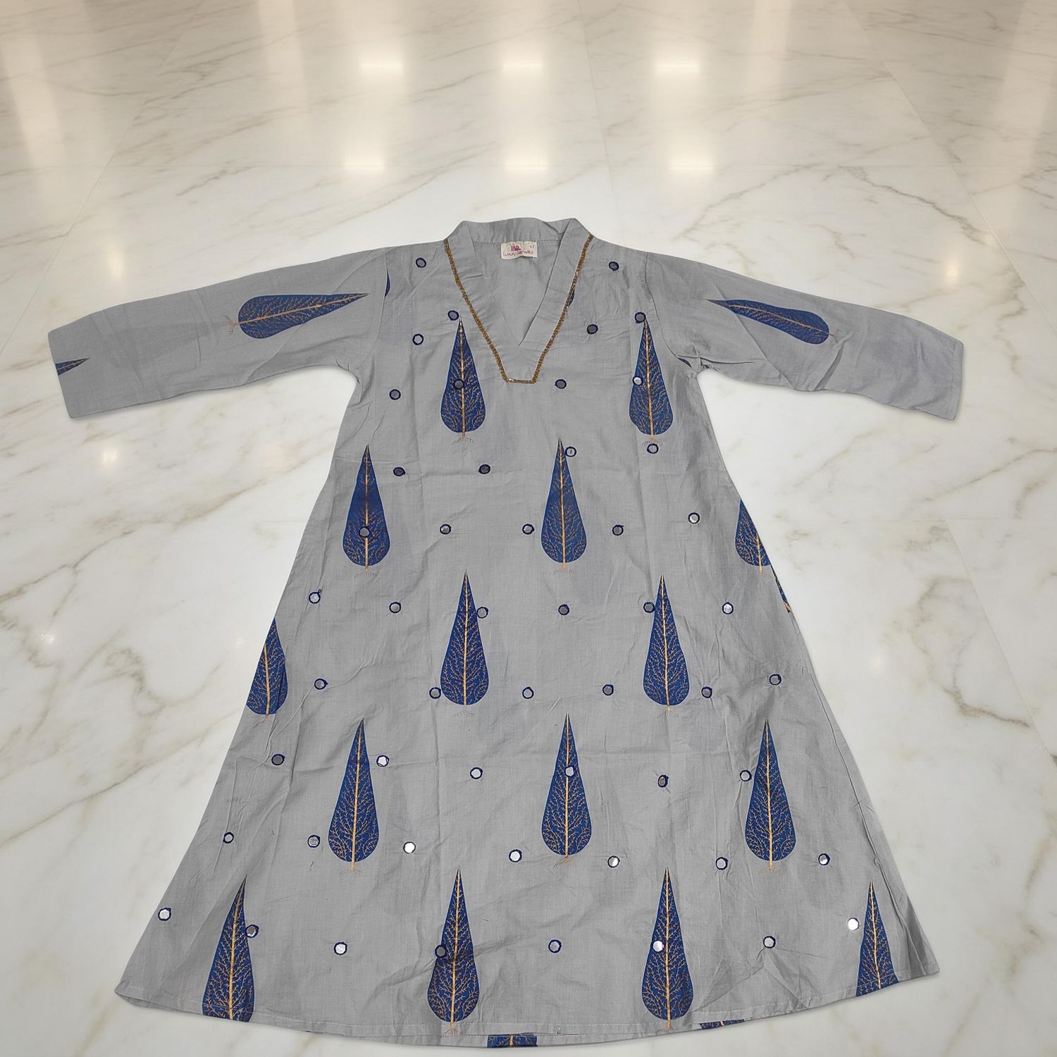 6-7 Year Teena Printed Mirror Work Cotton Girls Dress 37" Long Jalabiya