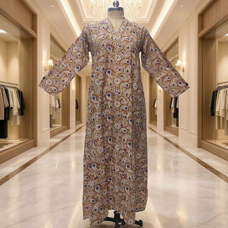 XS-S Teena Printed Mirror Work Cotton Dress 54" Long Jalabiya