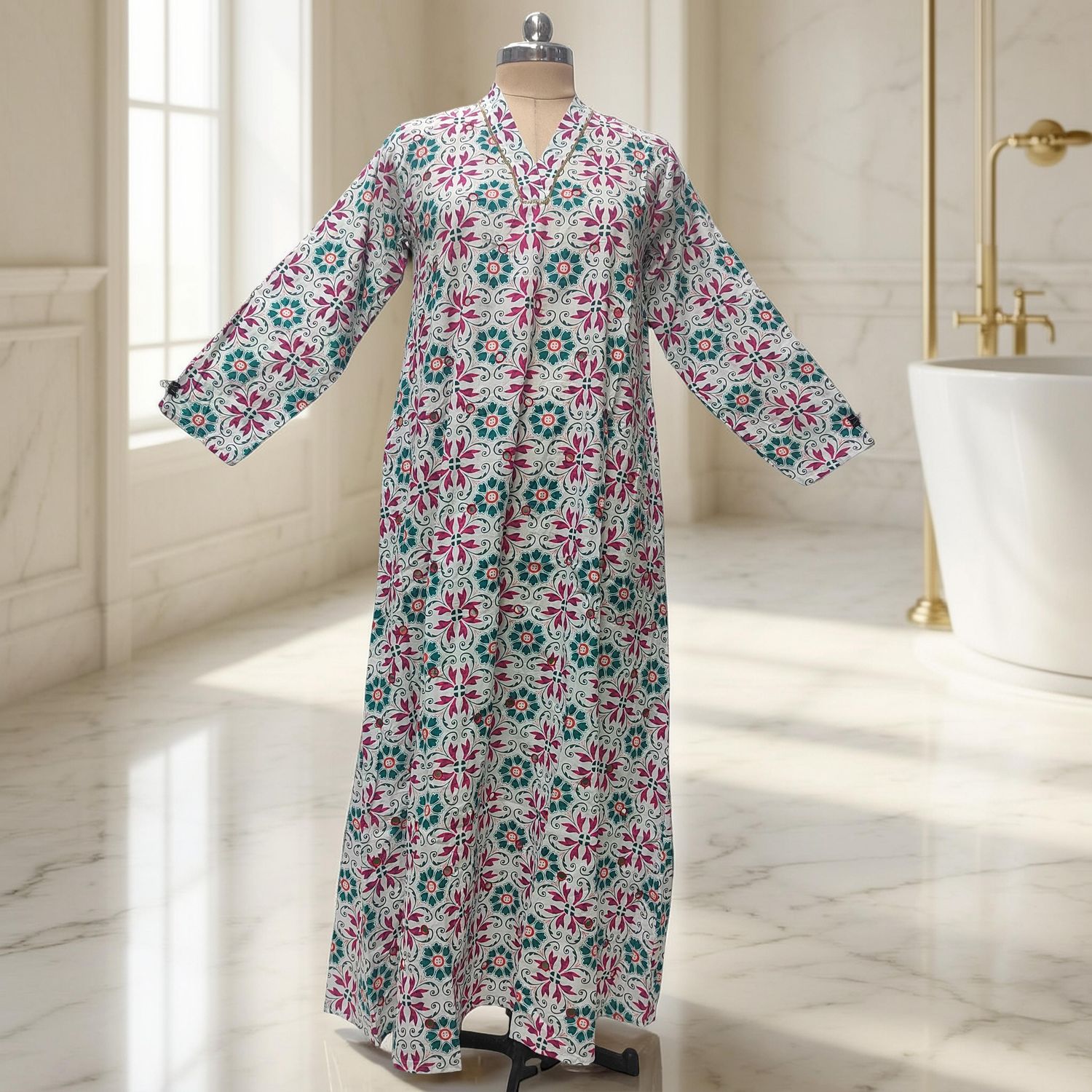 XS-S Teena Printed Mirror Work Cotton Dress 54" Long Jalabiya
