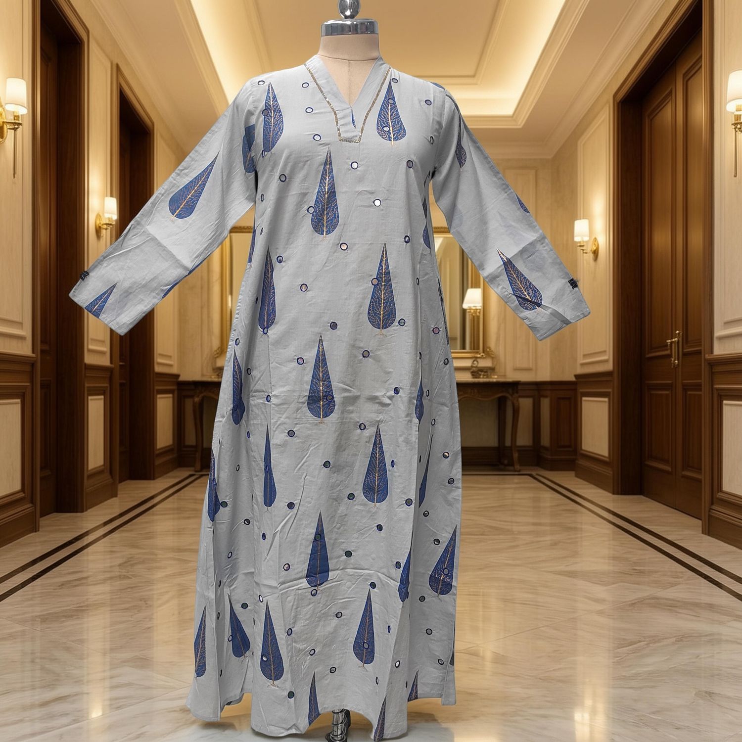 XS-S Teena Printed Mirror Work Cotton Dress 54" Long Jalabiya