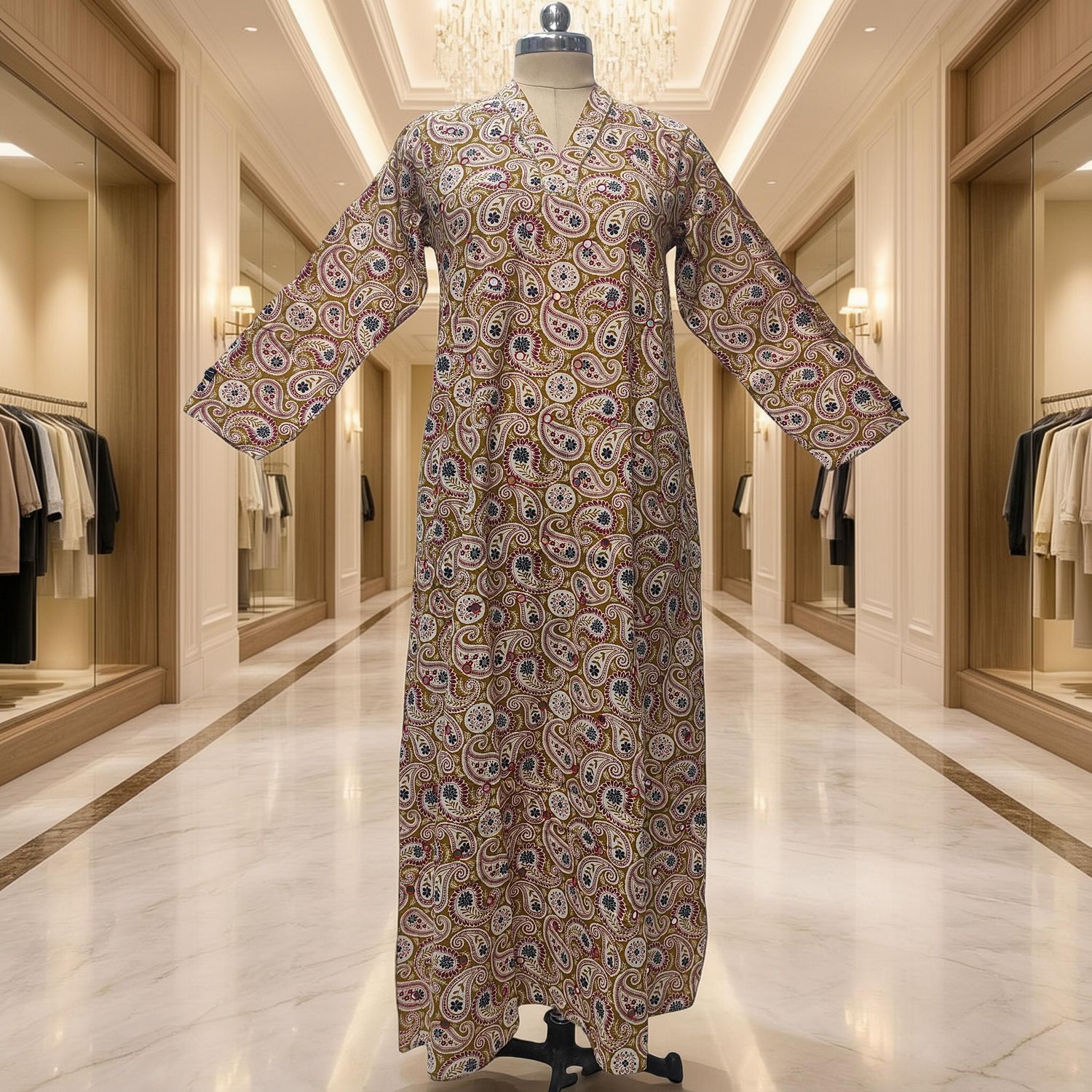 S/M Teena Printed Mirror Work Cotton Dress 57" Long Jalabiya