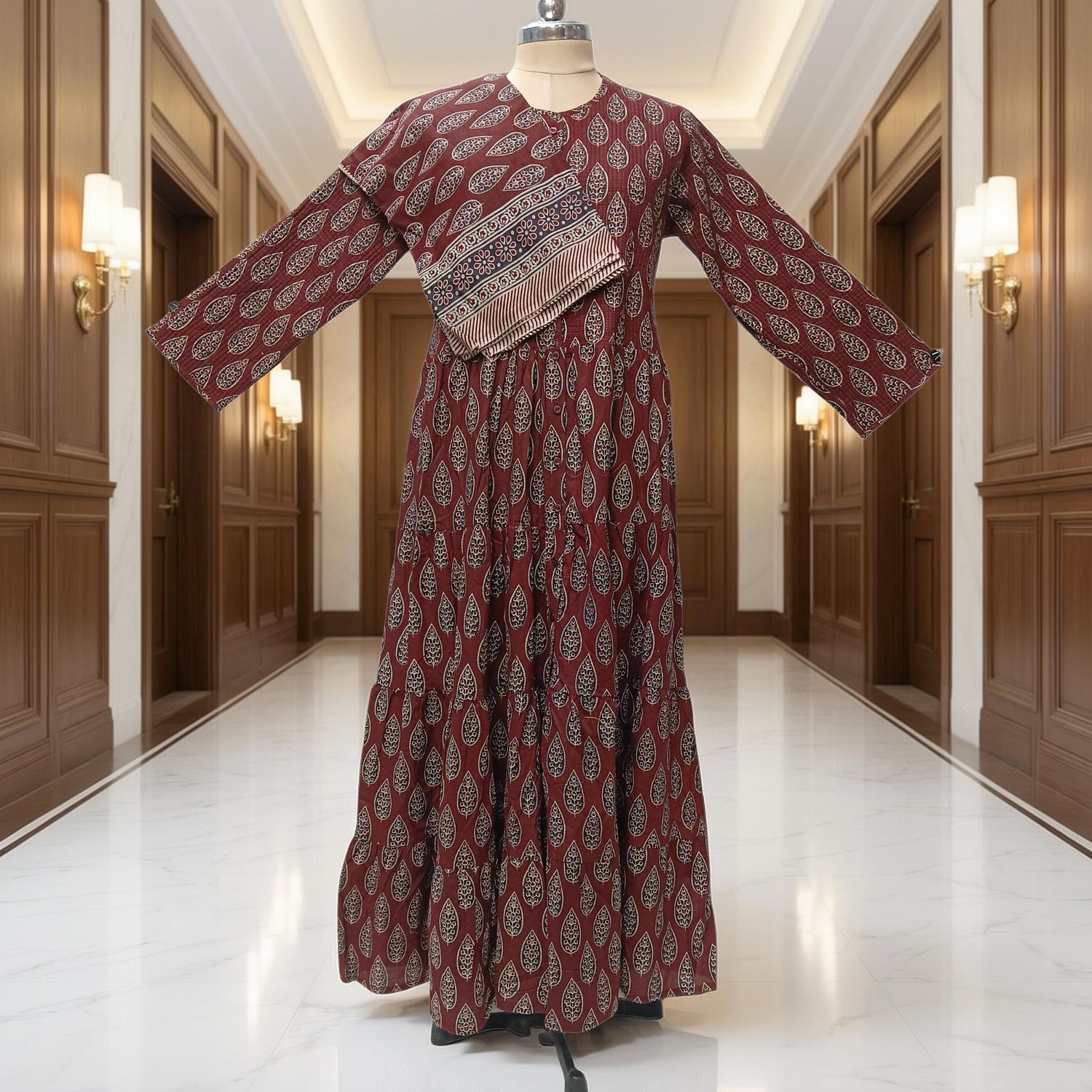 L-XL Bustan Printed Cotton Dress 57" Long Jalabiya