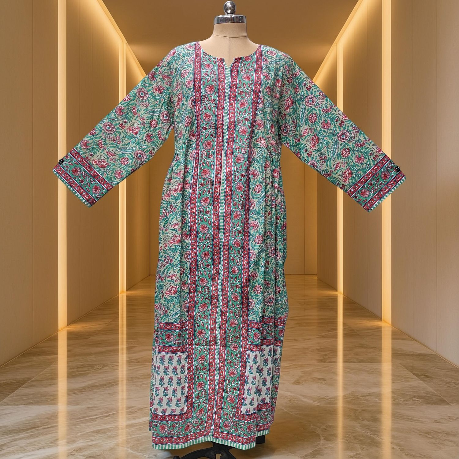 2XL/3XL Bhopali Printed Cotton Dress 56" Long Jalabiya