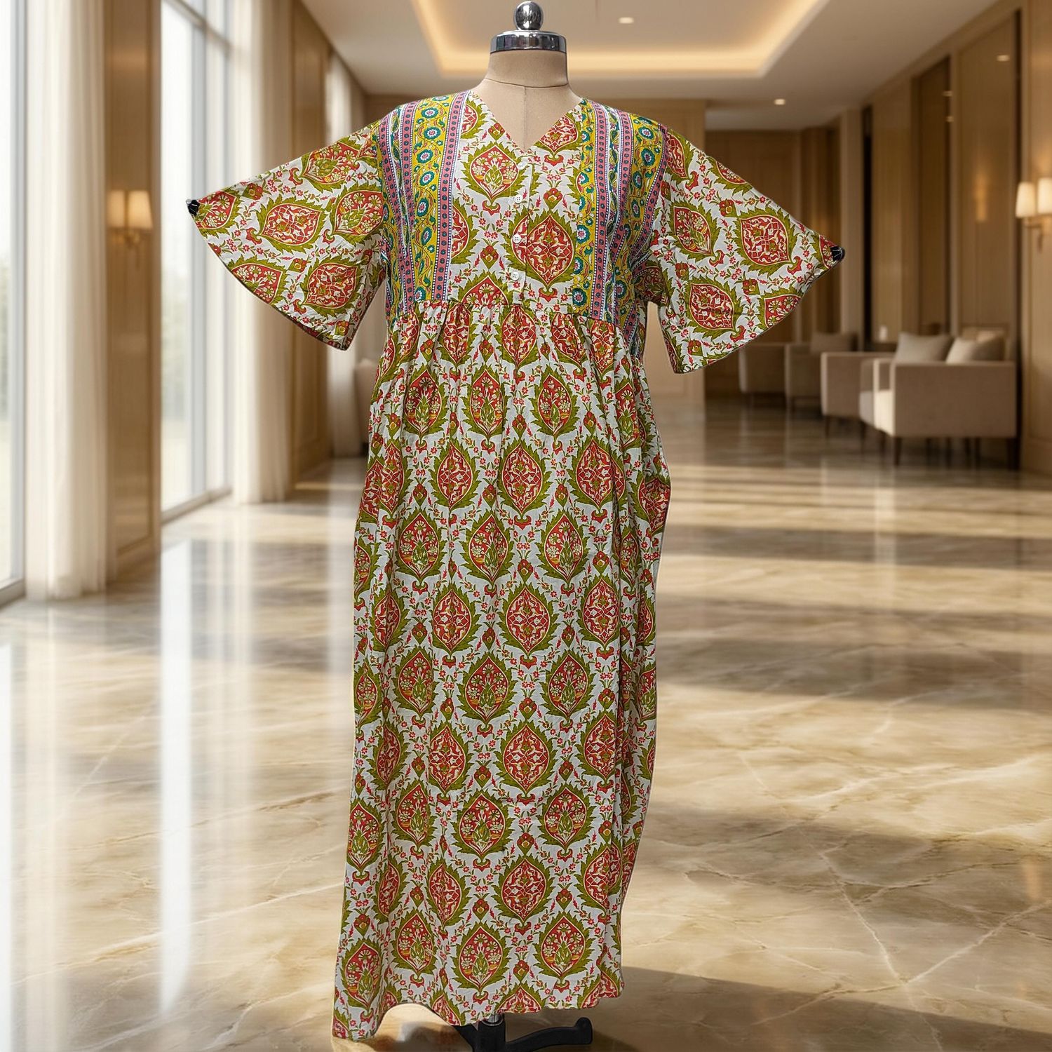 2XL-3XL Rahaf Printed Cotton Dress 57" Long Jalabiya