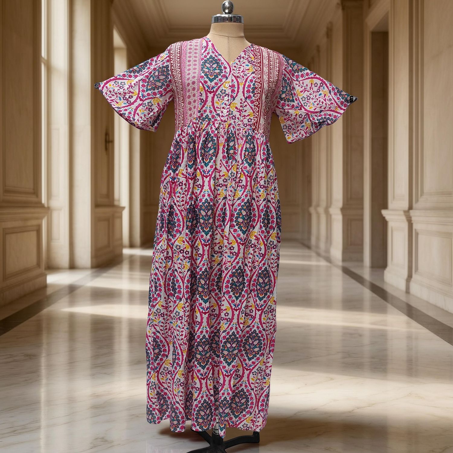 S-M Rahaf Printed Cotton Dress 57" Long Jalabiya