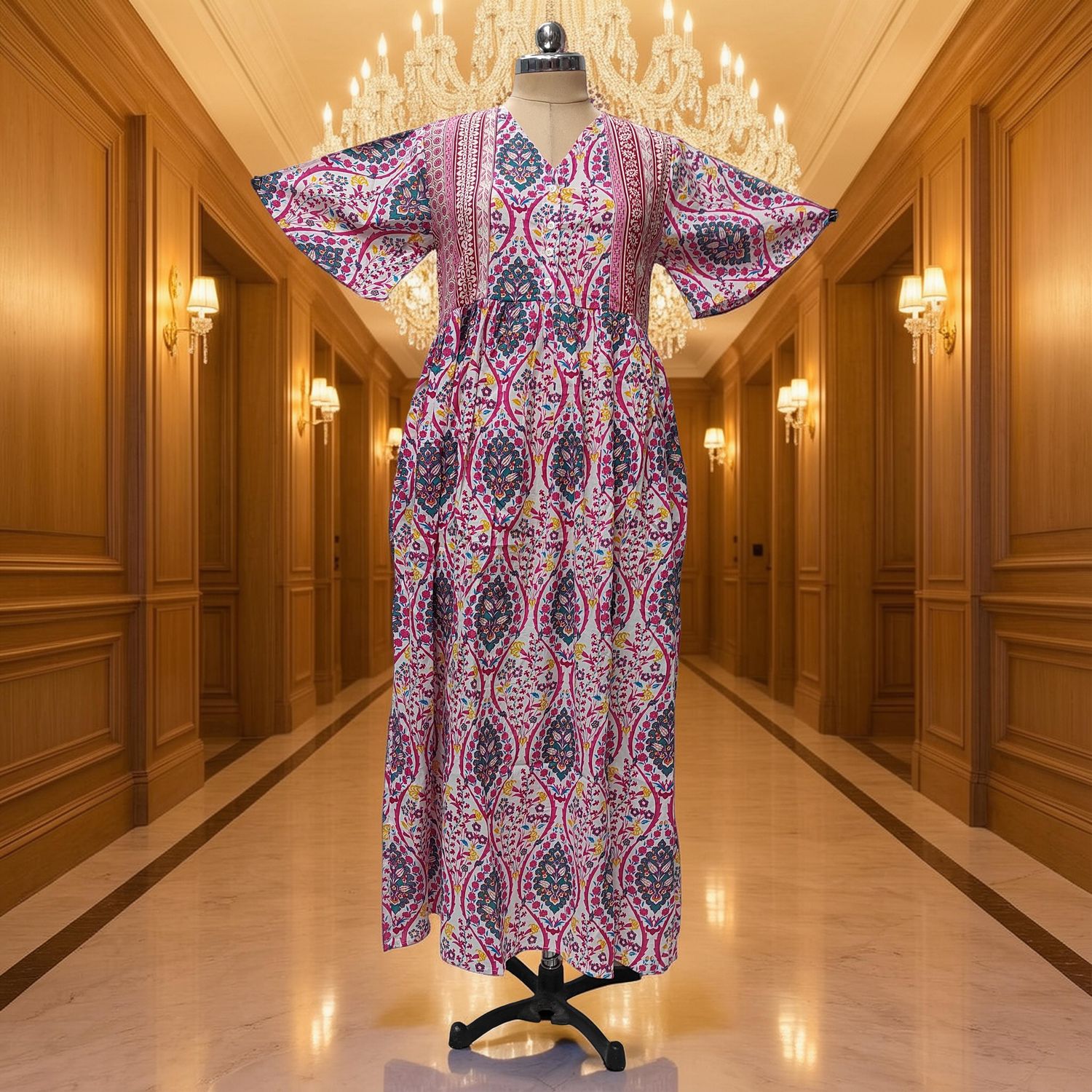 S-M Rahaf Printed Cotton Dress 57" Long Jalabiya